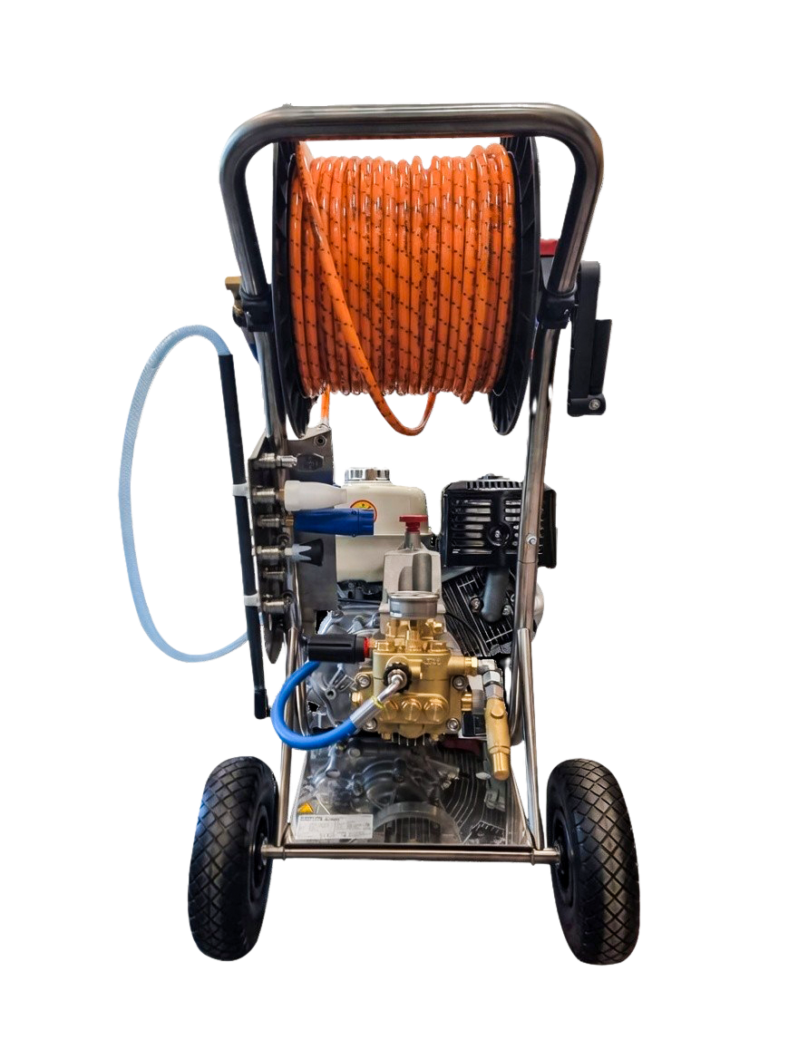 CopterClean Komplettwagen Bestehet aus Hochdruckreiniger, Fahrwagen, Schlauchtrommel und Schaum-Set.