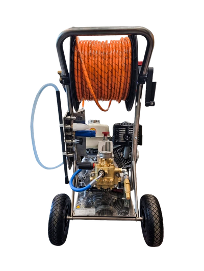 CopterClean Komplettwagen Bestehet aus Hochdruckreiniger, Fahrwagen, Schlauchtrommel und Schaum-Set.
