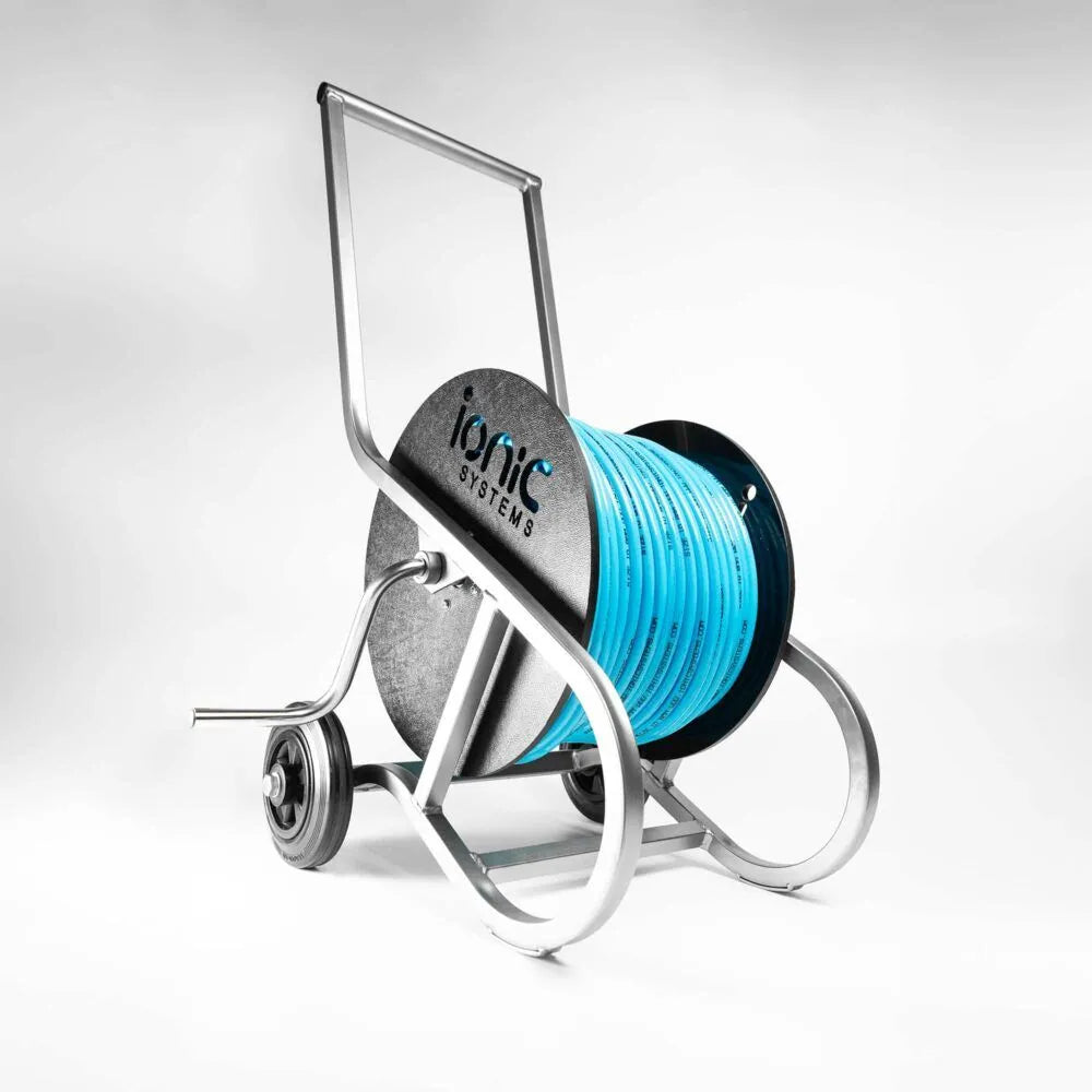 Ionic Edelstahl-Schlauchaufroller inkl. 100 m RX-Schlauch 8 mm (blau)