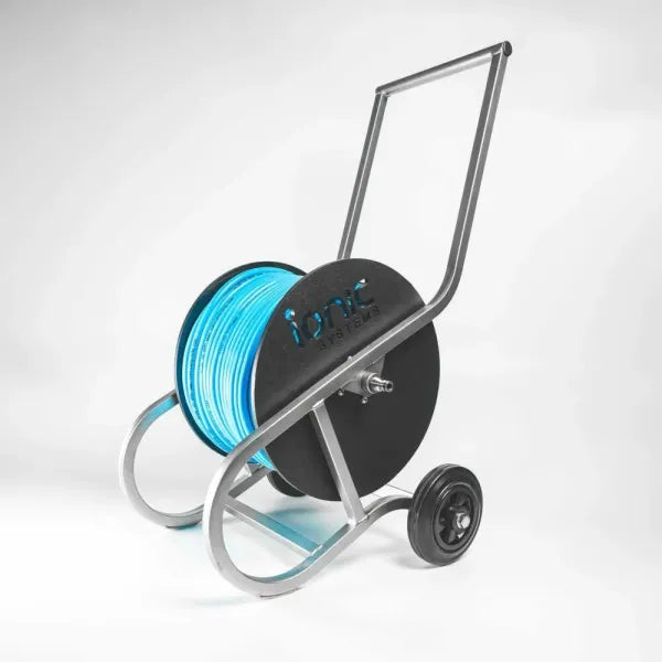 Ionic Edelstahl-Schlauchaufroller inkl. 100 m RX-Schlauch 8 mm (blau)